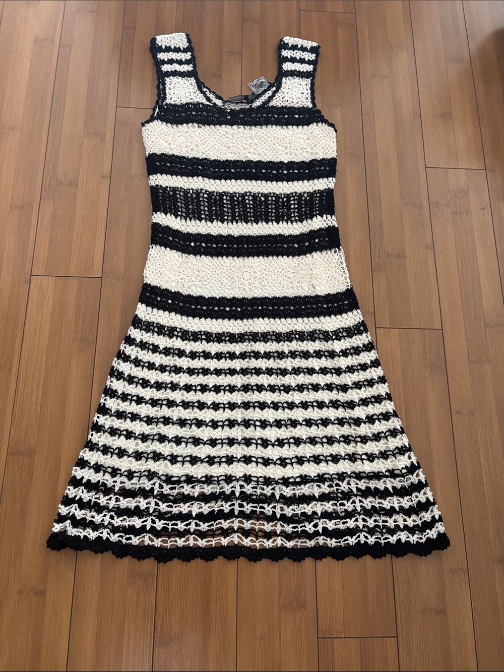 BCBG Black and White Striped Crochet A-Line Dress knit dress crochet